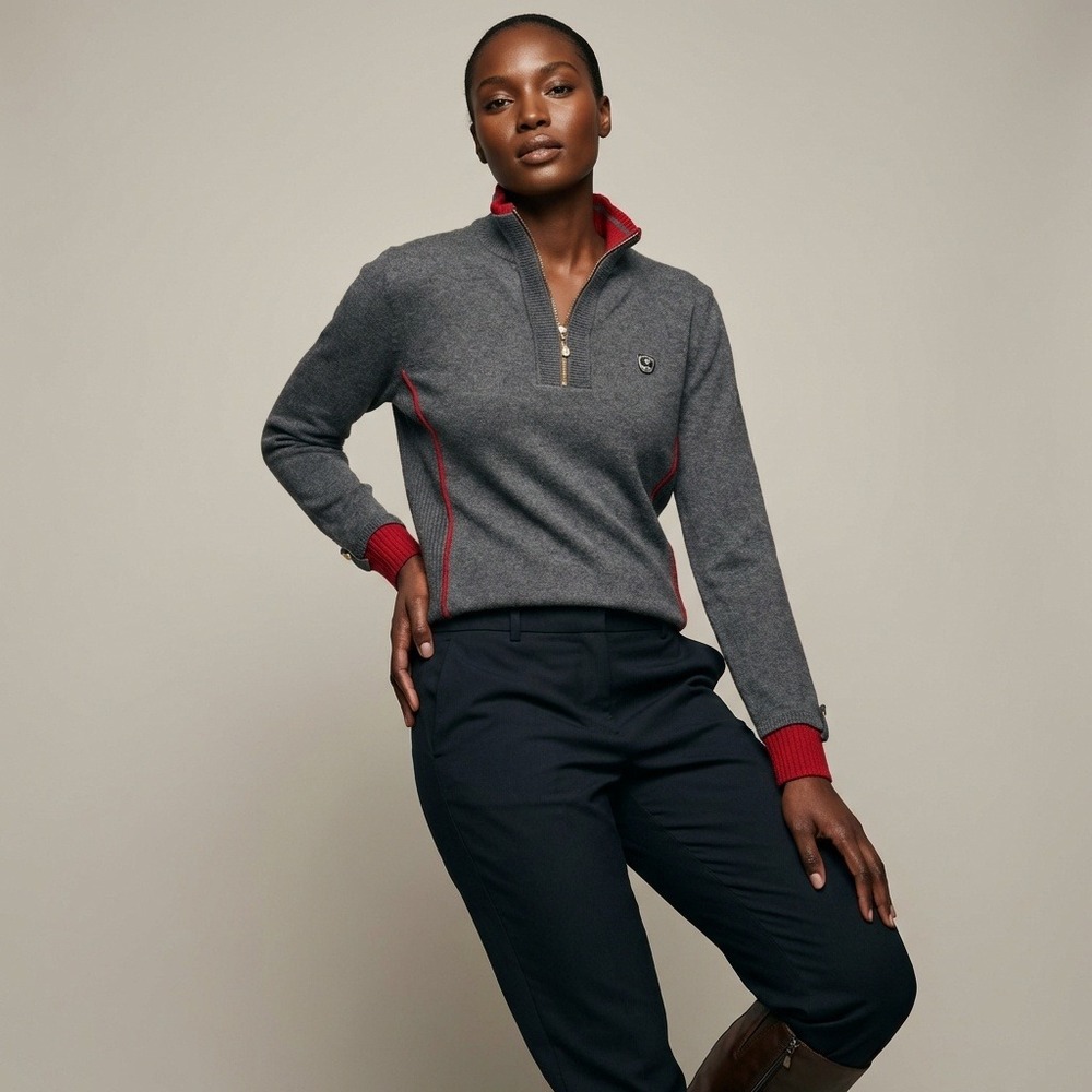 Horrena Women's Quarter Zip Sweater Gray Red Trim Cashmere Wool Blend -‎ Medium